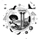 ocean with olive tree, greek column, falcons flying, lemons on the ground,mountains in the background  tattoo design idea