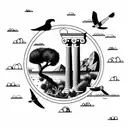 ocean with olive tree, greek column, falcons flying, lemons on the ground,mountains in the background  tattoo design idea