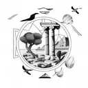 simple lines ocean with olive tree, greek column, falcons flying, lemons on the ground and mountains in the background  tattoo design idea