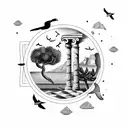 simple lines ocean with olive tree, greek column, falcons flying, lemons on the ground and mountains in the background  tattoo design idea