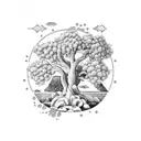 ocean Landscape with some olive trees, a Greek column and a few lemons  tattoo design idea