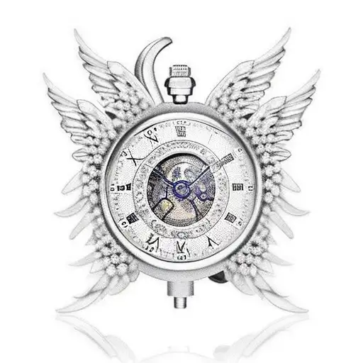 pocket watch angel wings with crucifix Daisy flower tattoo design idea