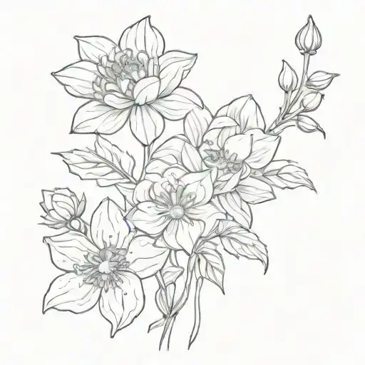 fineline four flower bouqet with stems of one dahlia one orchid one geranium and one lotus tattoo design idea