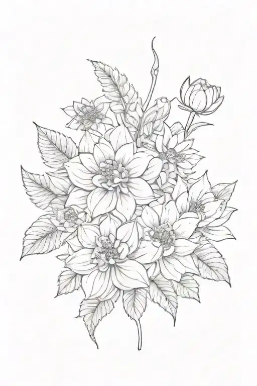 four flower fineline bouquet of one dahlia one orchid one geranium and one lotus tattoo design idea