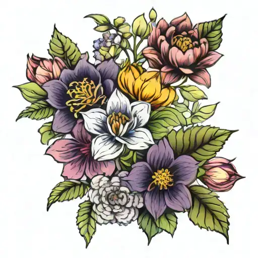 fineline four flower bouqet with stems of one dahlia one orchid one geranium and one lotus colored tattoo design idea