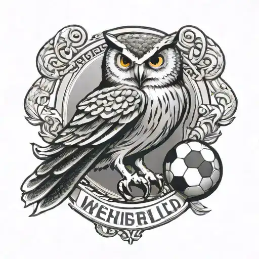 A tattoo of an owl perched on top of a football, with the Sheffield Wednesday logo in the background tattoo design idea