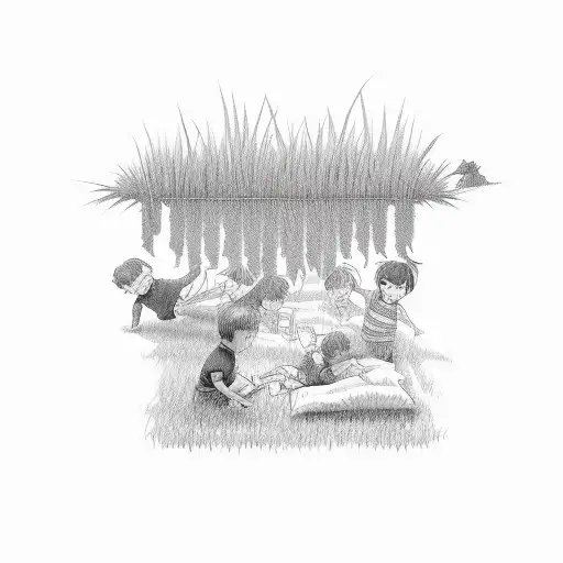 children underneath a bed of grass tattoo design idea