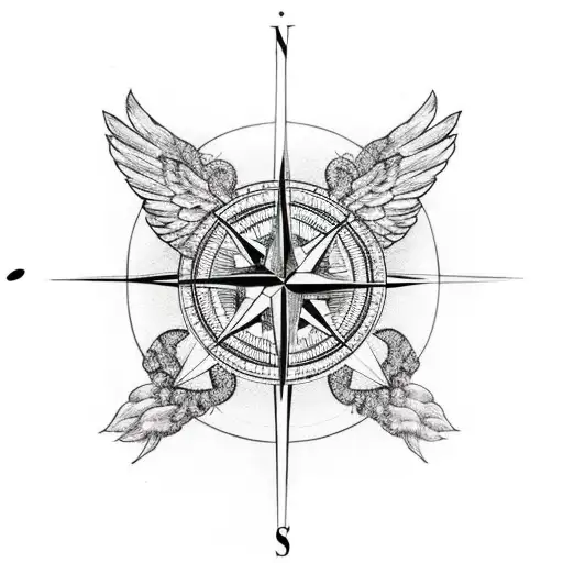 Tattoo design featuring a compass dial sprouting wings
