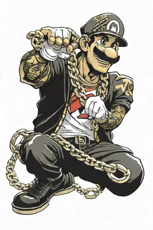 super mario wearing L.A. style chicano make up and a thick cuban link gold chain  tattoo design idea