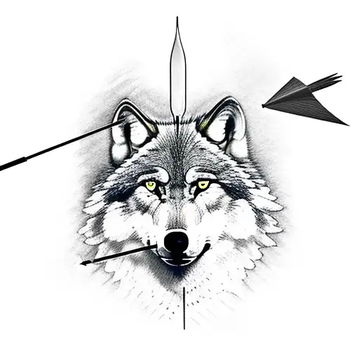 wounded wolf with arrow in side in a flaming forest tattoo design idea