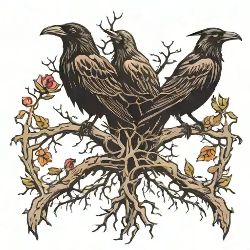 erdtree with two crows on the branches and the roots going down tattoo design idea