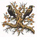 erdtree with two crows on the branches and the roots going down tattoo design idea