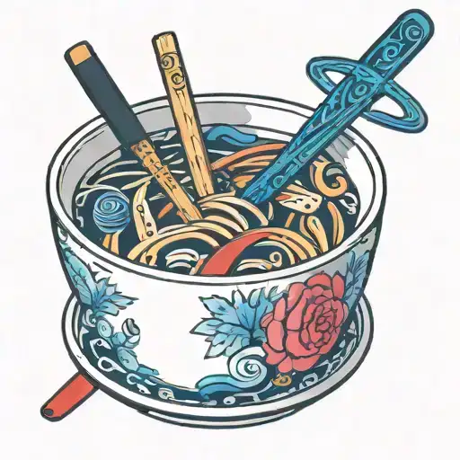 Japanese tea Cup with chopsticks and kitchen knives in color tattoo design idea