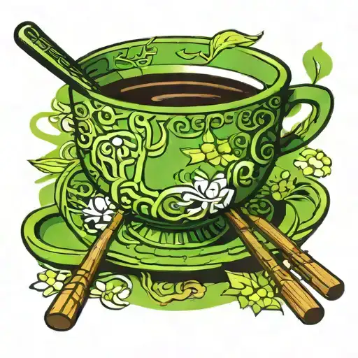 Japanese Green tea cup with chopsticks and beautiful kitchen knive tattoo design idea