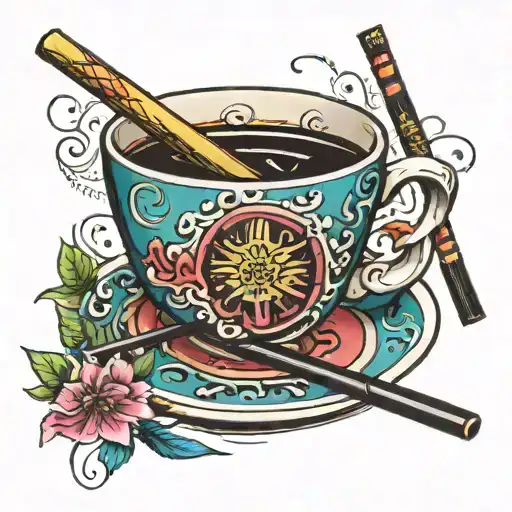 tea Cup with chopsticks and Chief knives in color tattoo design idea