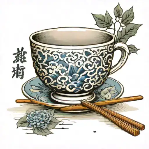 Japanese tea Cup single color with beautiful chopsticks and kitchen knives tattoo design idea