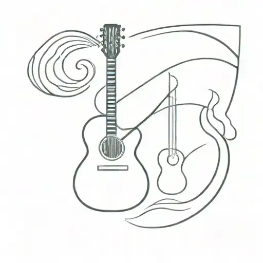 I want a tattoo design featuring three objects: a guitar, a paddle, and a Japanese-style wave. tattoo design idea