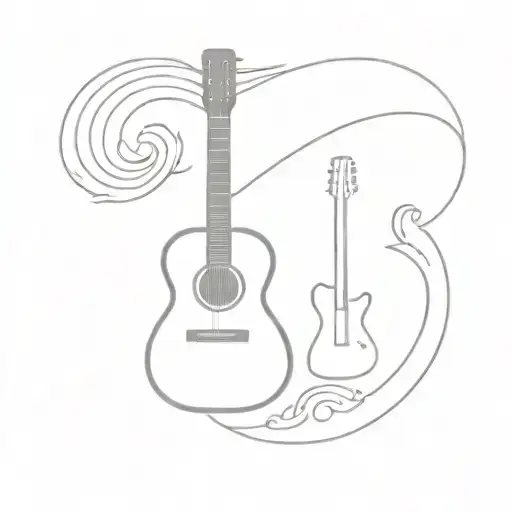 I want a tattoo design featuring three objects: a guitar, a paddle, and a Japanese-style wave. tattoo design idea