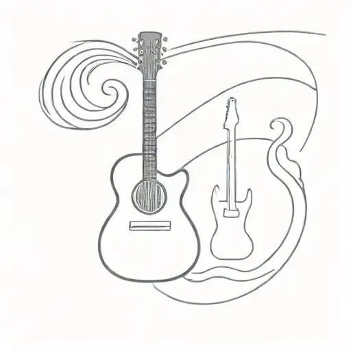 I want a tattoo design featuring three objects: a guitar, a paddle, and a Japanese-style wave. tattoo design idea