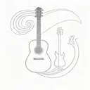 I want a tattoo design featuring three objects: a guitar, a paddle, and a Japanese-style wave. tattoo design idea