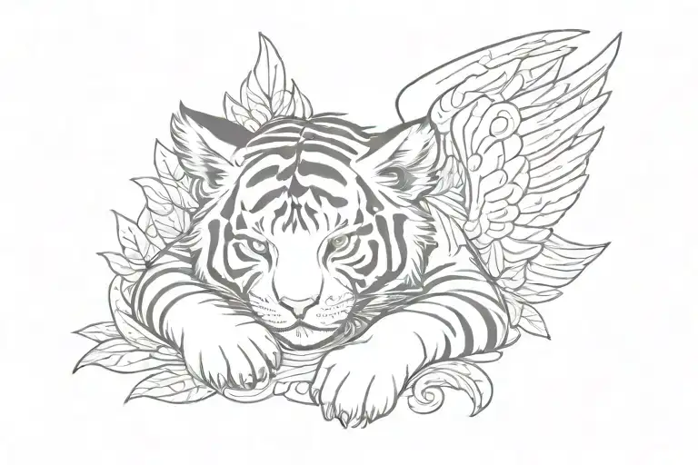sleeping baby tiger with wings made tattoo design idea