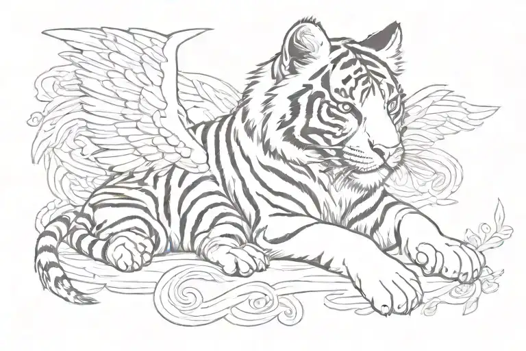 sleeping baby tiger with wings tattoo design idea