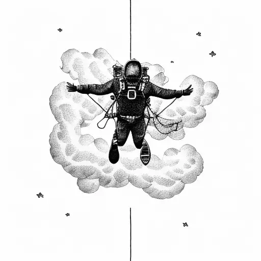 A silhouette of a skydiver gracefully descending through the clouds, with a trail of poetic verses in their wake tattoo design idea