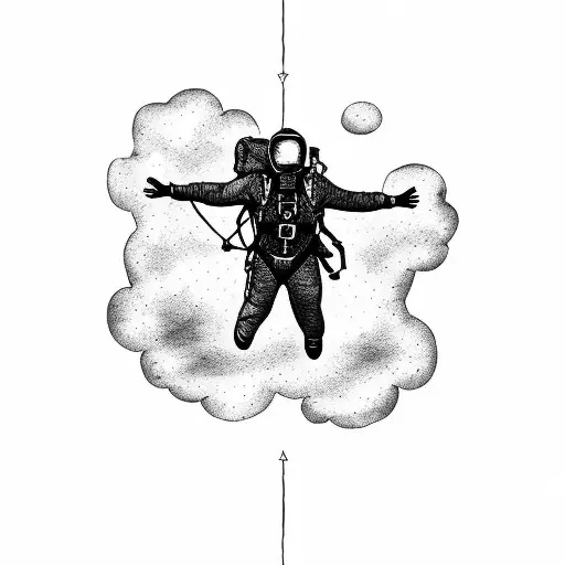 A silhouette of a skydiver gracefully descending through the clouds, with a trail of poetic verses in their wake tattoo design idea