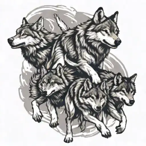 Design a tattoo featuring a pack of wolves running together in a dynamic and energetic composition, symbolizing teamwork and leadership tattoo design idea