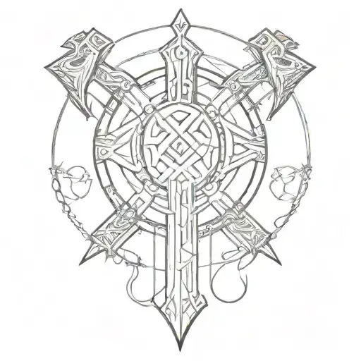 Incorporate elements of cross fit equipment and Viking runes into a detailed and intricate tattoo design, representing dedication and discipline tattoo design idea