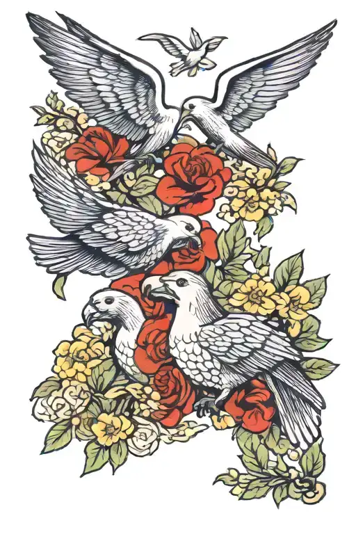 5 doves flying away with a Great Dane with tall ears to the left tattoo design idea