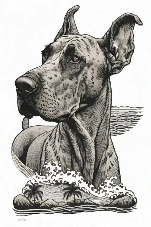 Great Dane with tall ears on a beach with waves and palm trees tattoo design idea