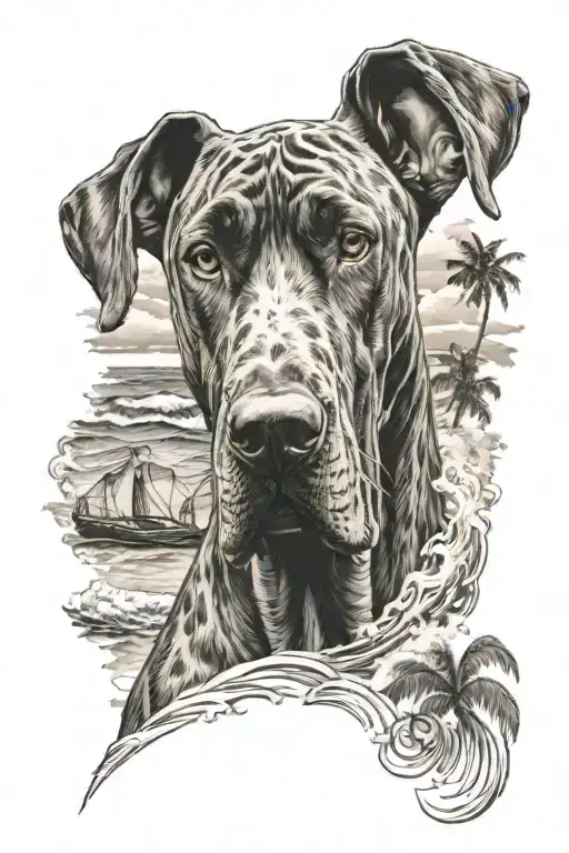 Great Dane with tall ears on a beach with waves and palm trees tattoo design idea