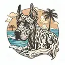 Great Dane with tall ears on a beach with waves and palm trees tattoo design idea