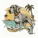 Great Dane with tall ears on a beach with waves and palm trees tattoo design idea