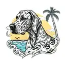 Great Dane with tall ears on a beach with waves and palm trees tattoo design idea