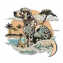 Great Dane with tall ears on a beach with waves and palm trees tattoo design idea