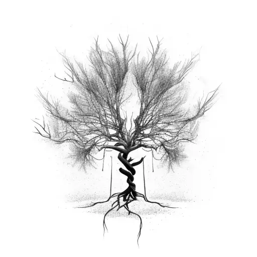 realistic skinny dead tree with long hanging roots tattoo design idea