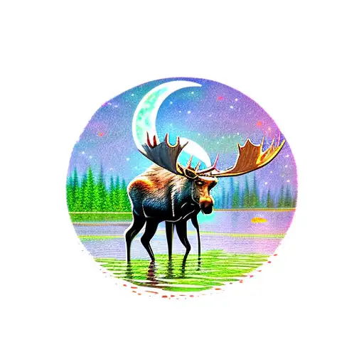 moose in swamp with moon and subset  tattoo design idea