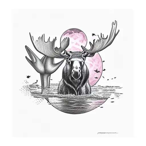 moose in swamp with moon and subset  tattoo design idea