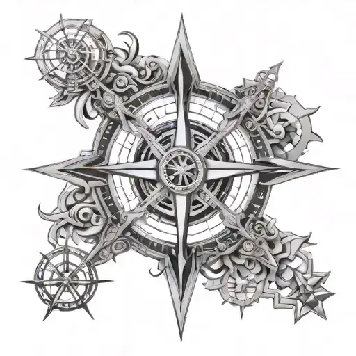 An intricate compass rose design incorporating symbols of engineering and maritime elements tattoo design idea