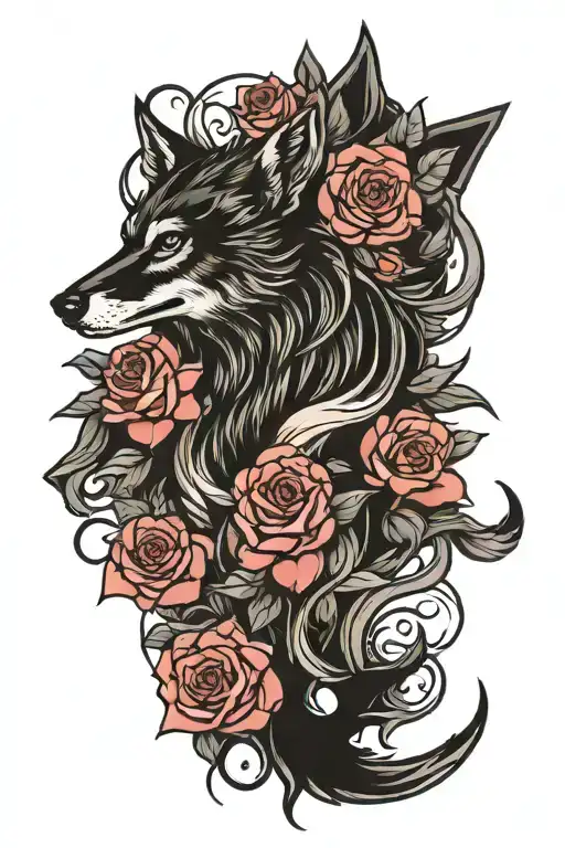 fenrir wolf blended by roses tattoo design idea