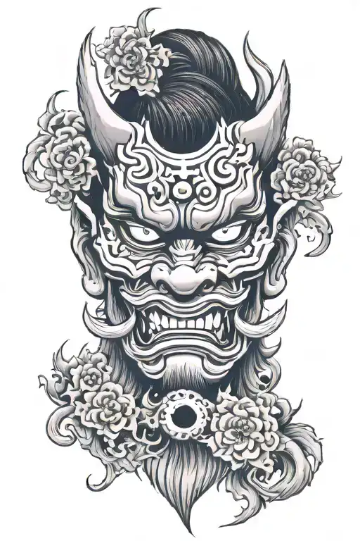 oni mask surrounded mist shadow tattoo design idea