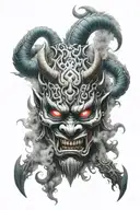 oni mask surrounded mist shadow tattoo design idea