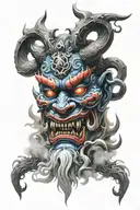 oni mask surrounded mist shadow tattoo design idea