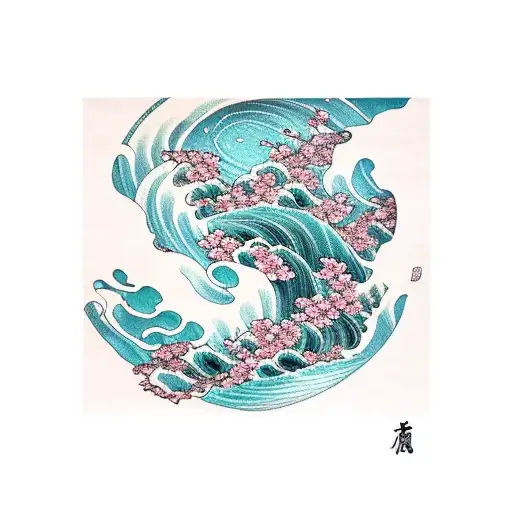 cherry blossom in front of Japanese wave, sleeve tattoo design idea