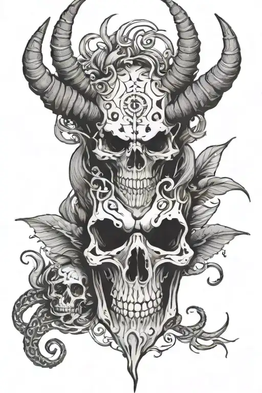 demon with wings, skull and horns, suicide, black work patterns tattoo design idea