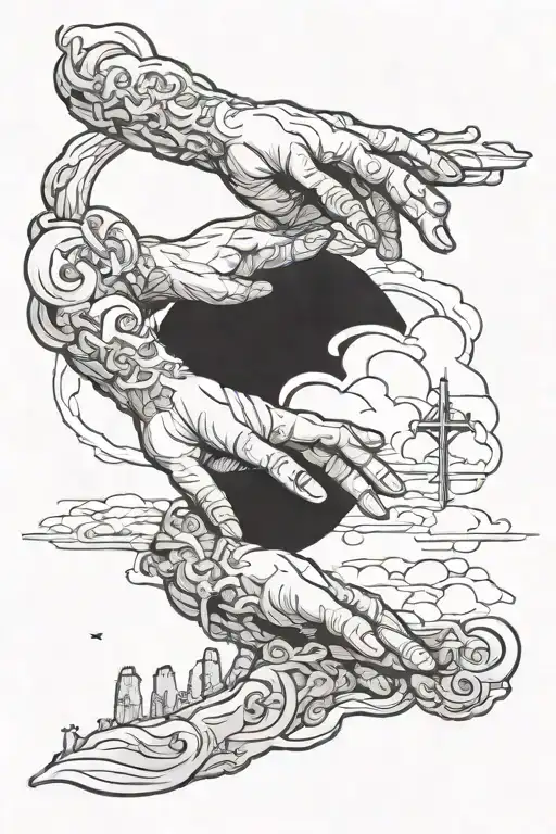 creation of Adam hand reaching 3 cross on hill tattoo design idea