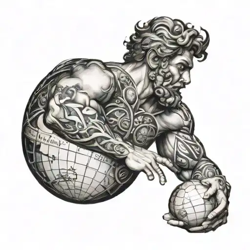An intricate blackwork tattoo of Atlas, the ancient Greek god, holding a globe with detailed shading to emphasize his strength and resilience tattoo design idea