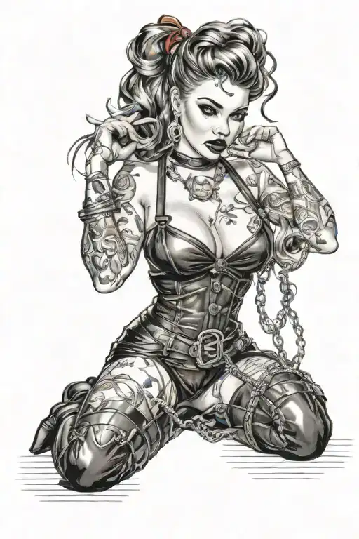pinup girl on knees wearing bdsm wear with chocker and chain tattoo design idea